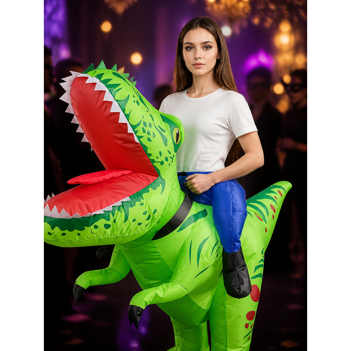 Dinosaur Inflatable Costume for Halloween, Full Body Blow Up Suit with Tail on-model view