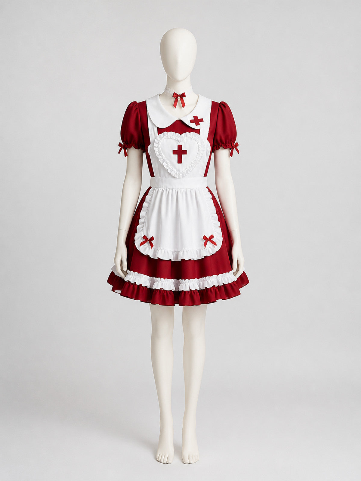 Lolita-Style Red and White Dress with Ruffles and Bows on-model view