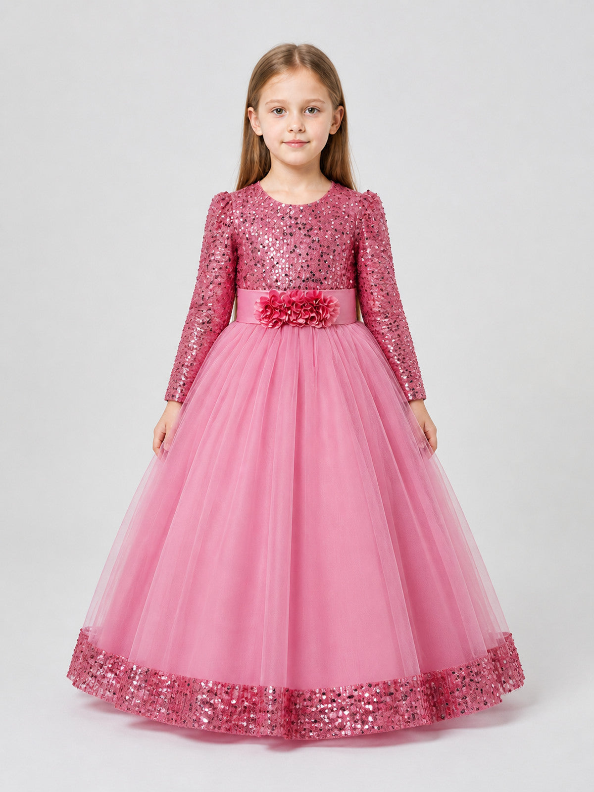 Festive Sequin Dress with Floral Decor on-model view