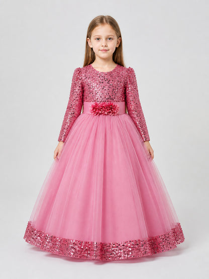 Festive Sequin Dress with Floral Decor on-model view