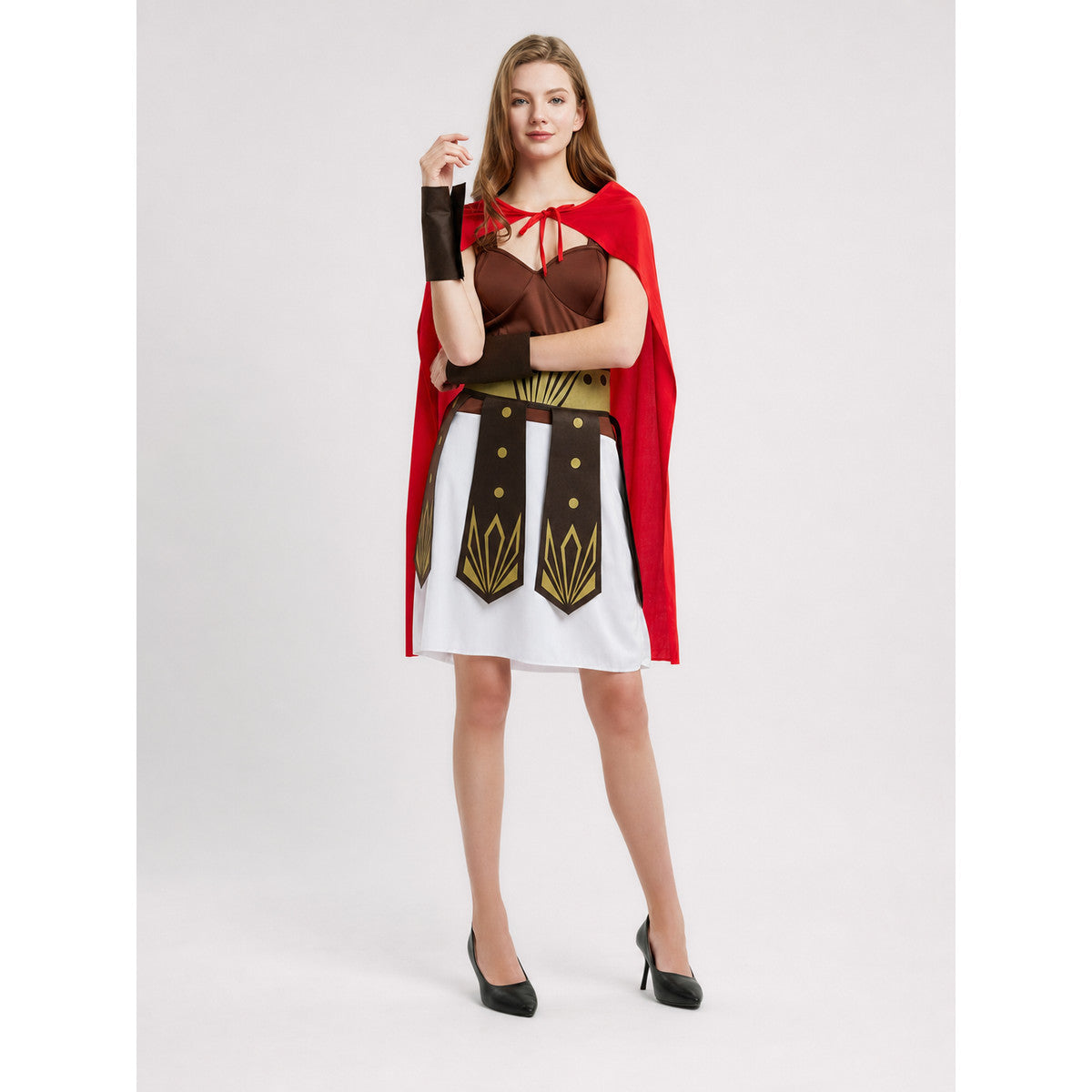 Roman Gladiator Costume with Cape and Bracers on-model view