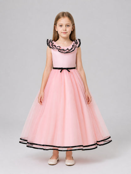 Pink Princess Dress for Girls with Black Trim on-model view