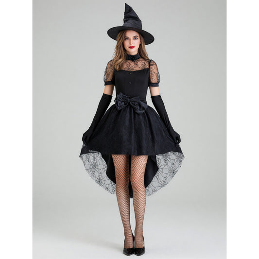 Black masquerade costume designed as a magical outfit with expressive details. front view