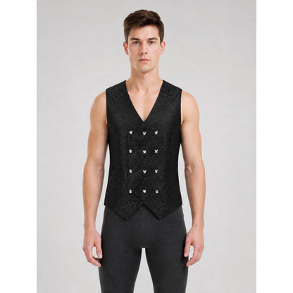 Black sleeveless patterned cosplay vest on-model view