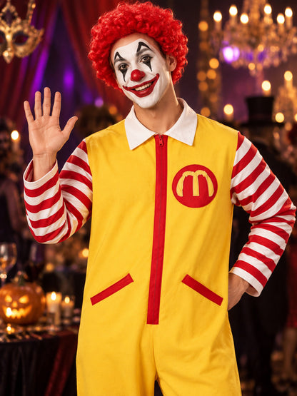Yellow Clown Costume with Red Wig and Stripes