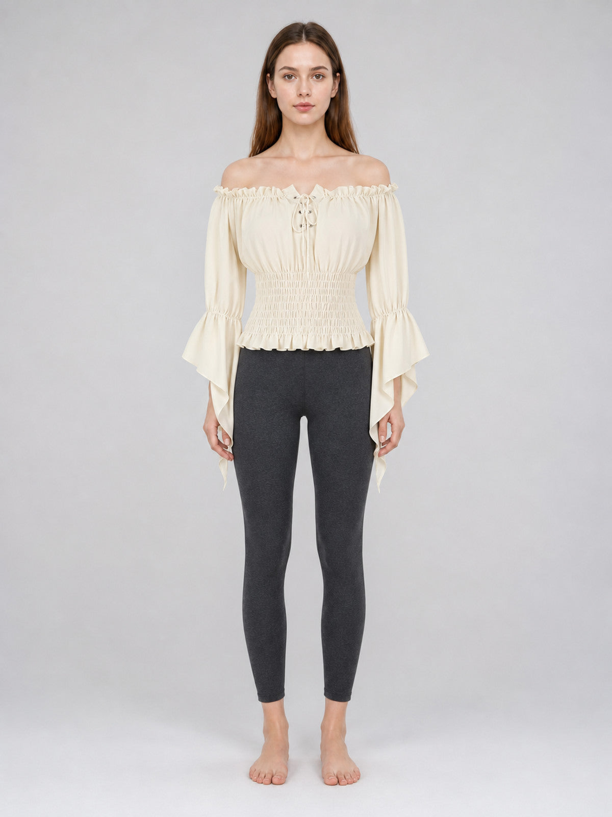 Off-the-Shoulder Lace-Up Blouse, Beige