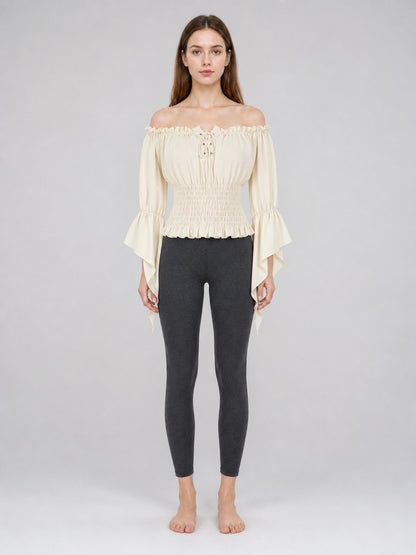 Off-the-Shoulder Lace-Up Blouse, Beige
