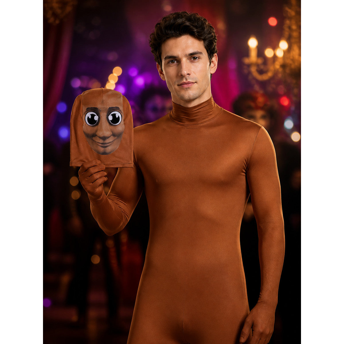 TungTungTungSahur Brown Big Eye Jumpsuit Halloween Costume with Headpiece on-model view