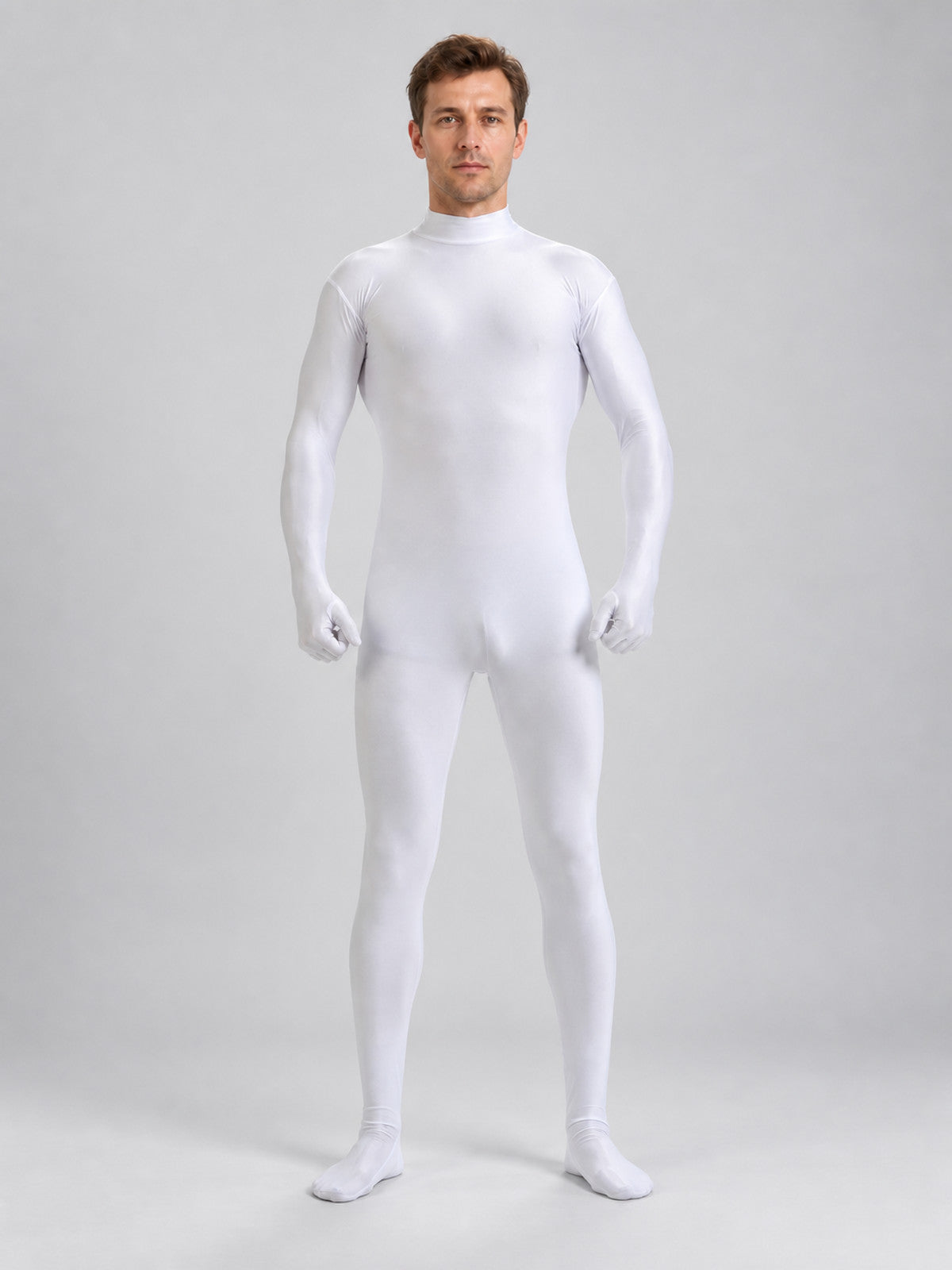 White one-piece form-fitting suit with a stand collar