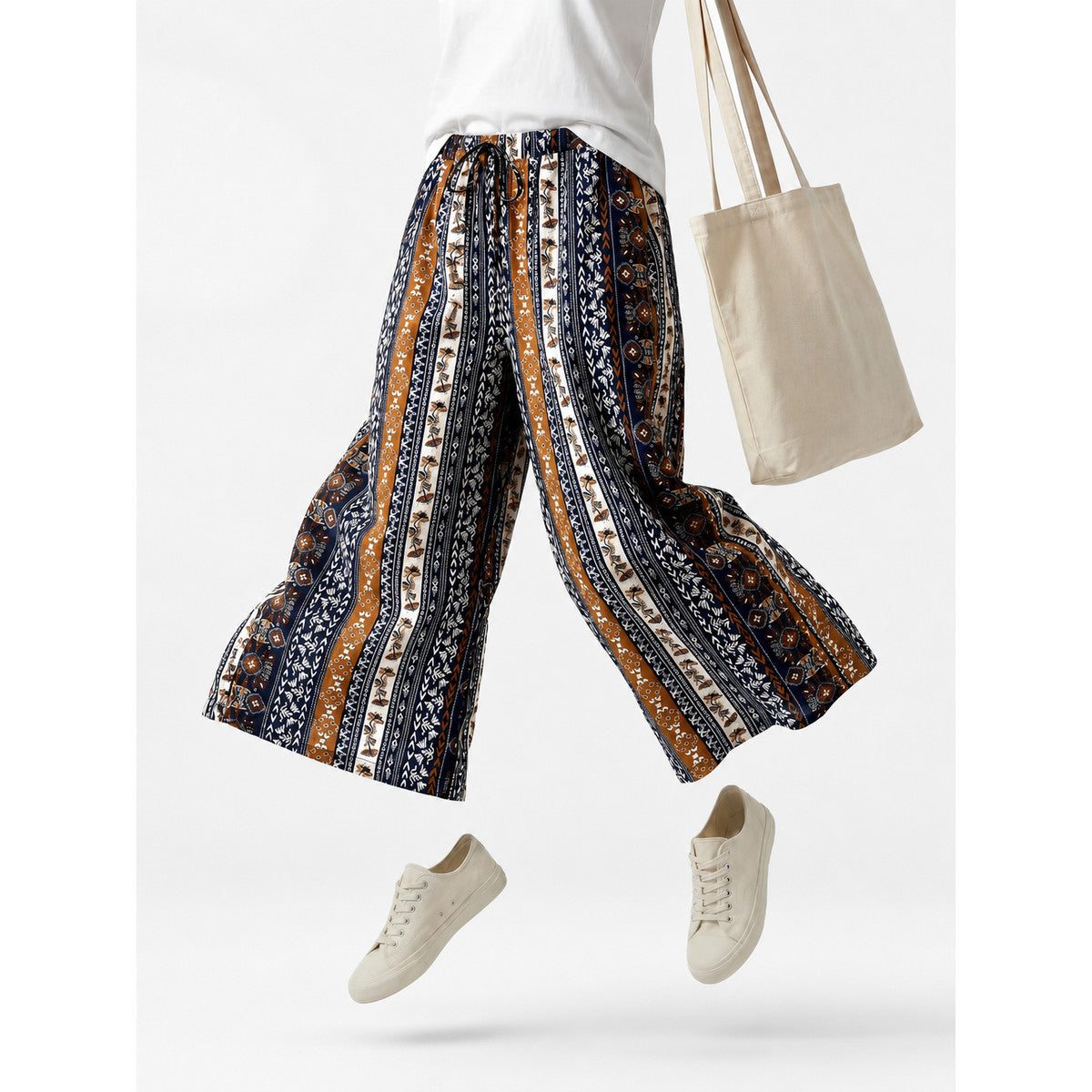 Boho Pattern Palazzo Pants with Drawstring Waist