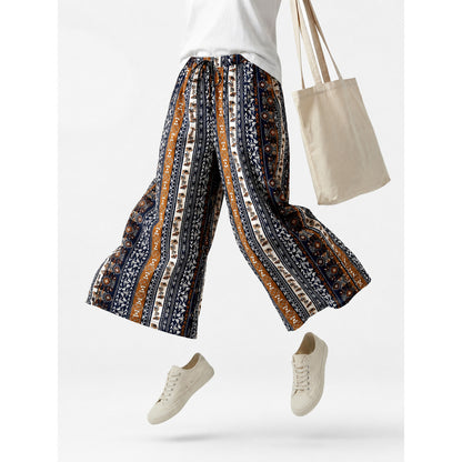 Boho Pattern Palazzo Pants with Drawstring Waist