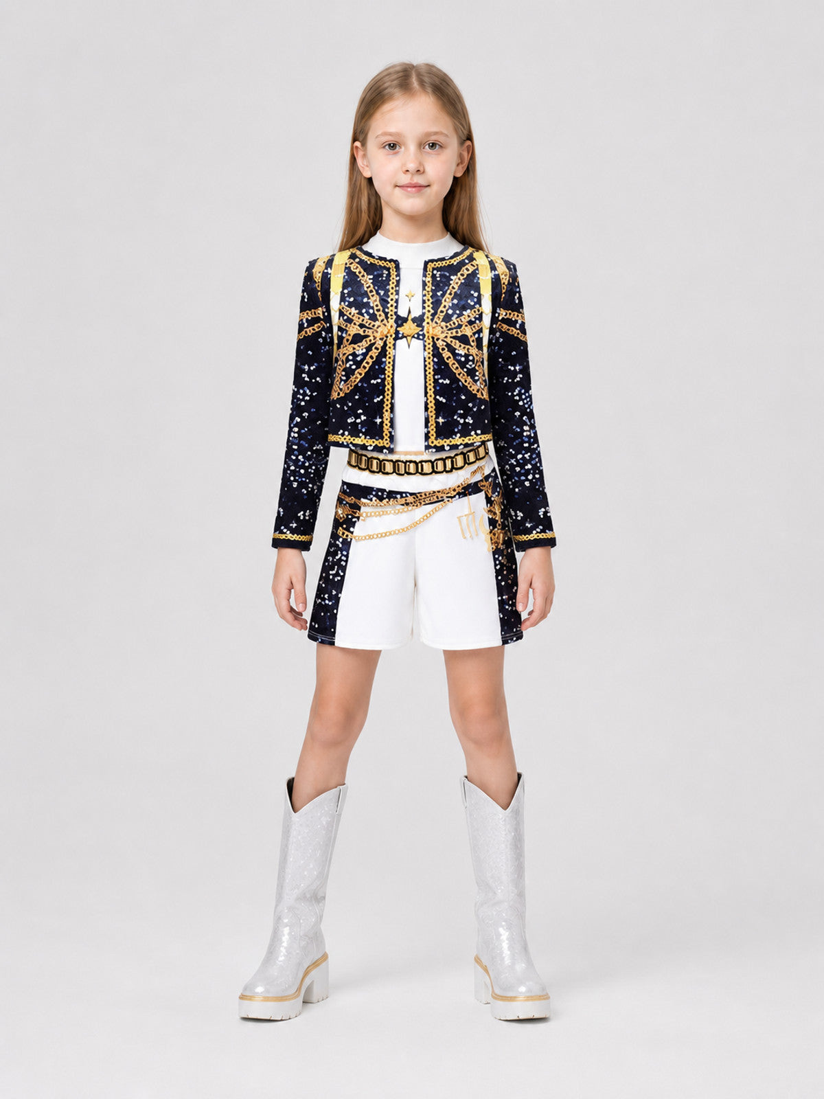 Stage Cosplay Costume, Top and Shorts, Black and White on-model view