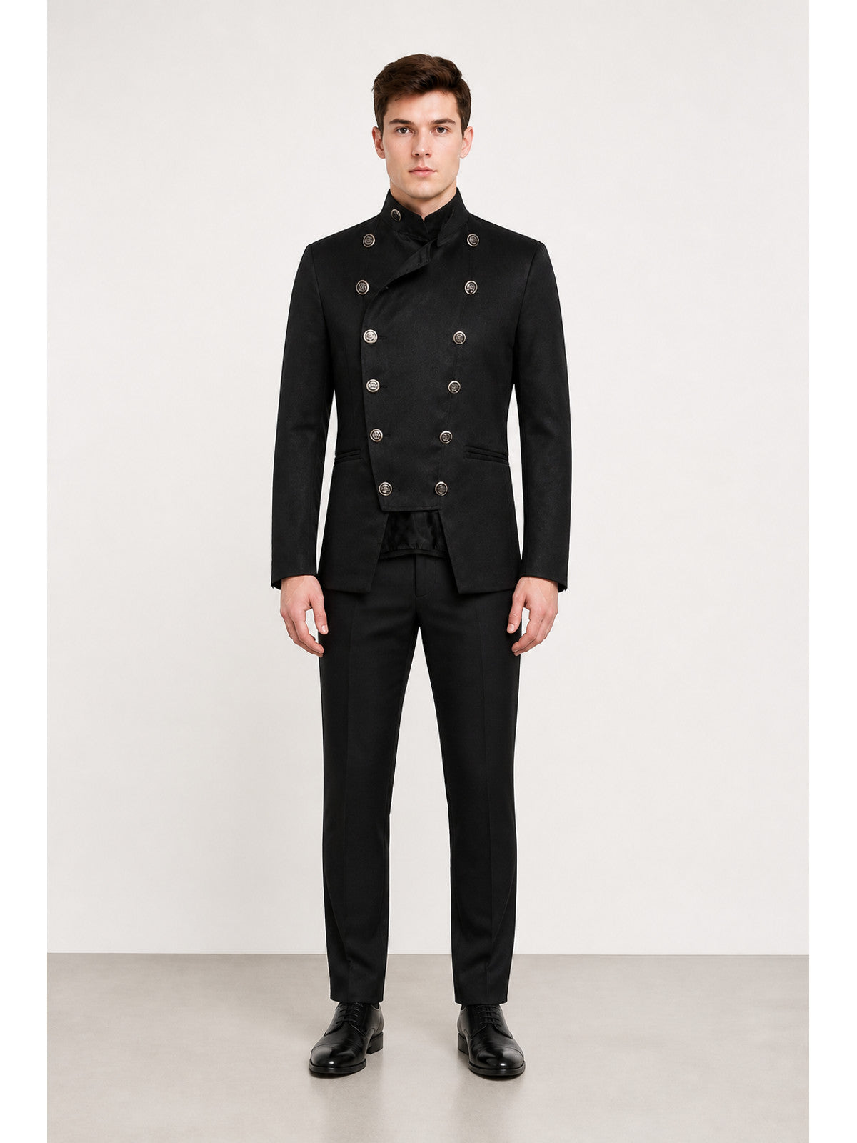 Black Double-Breasted Jacket with a High Collar main product view