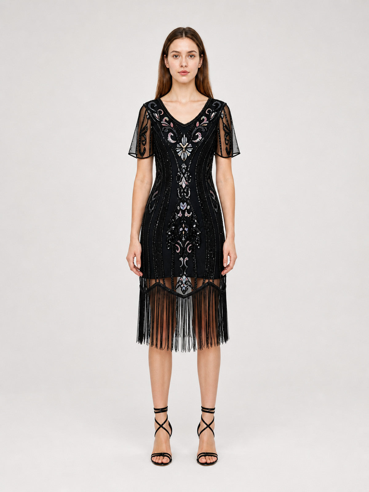 Vintage 1920s Dress with Sequins and Fringe front view