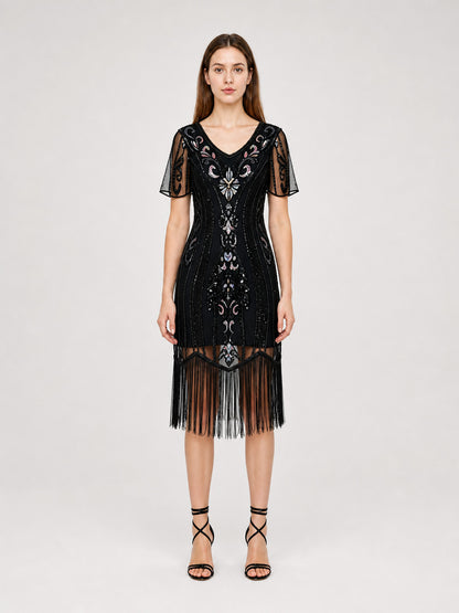 Vintage 1920s Dress with Sequins and Fringe front view