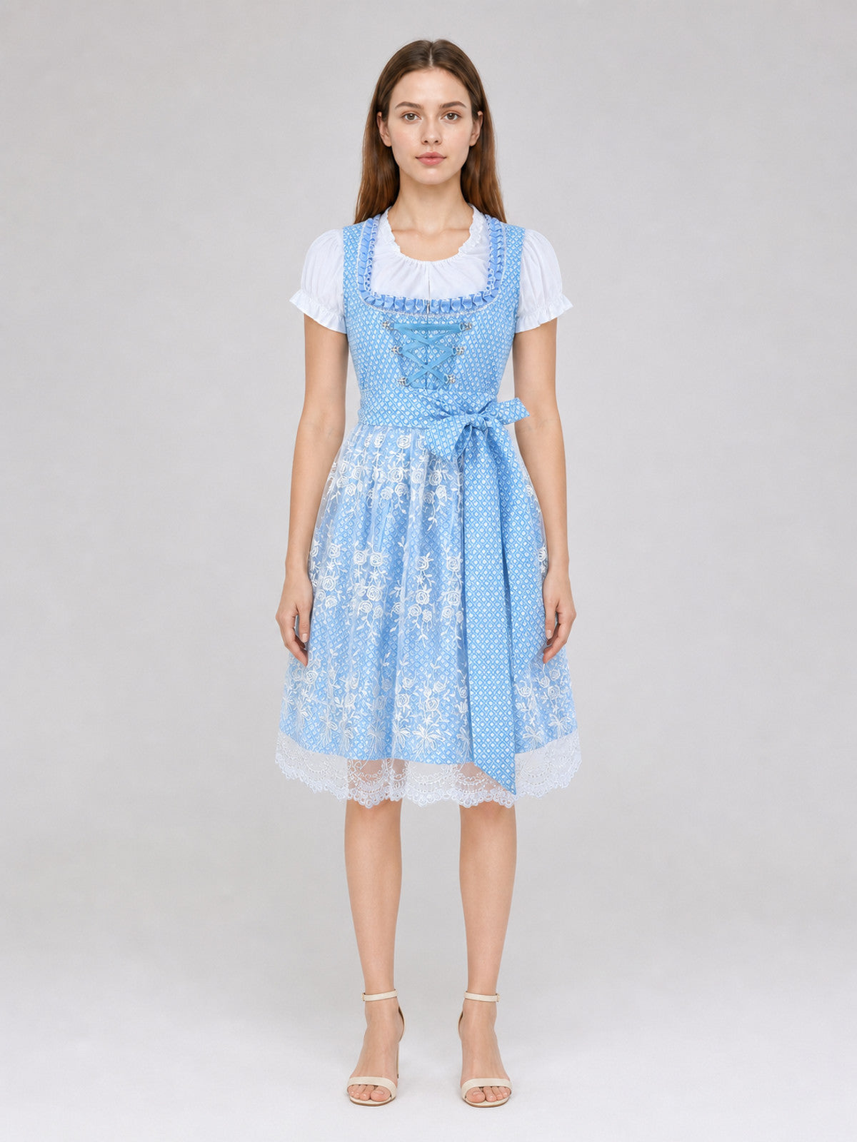 Dirndl-Style Dress with Lace Trim on-model view