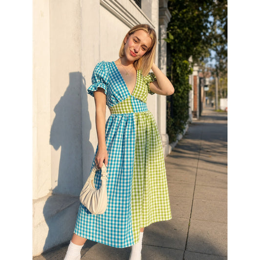 V-Neck Dress with Puff Sleeves and Plaid