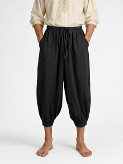 Black Drawstring Harem Pants, Elastic Waist, Loose Cropped Seven-Quarter Length