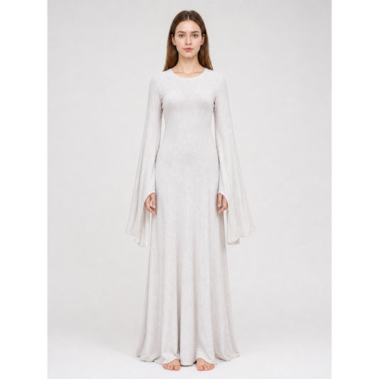 White Long Boho-Style Dress with a Belt and Flared Sleeves