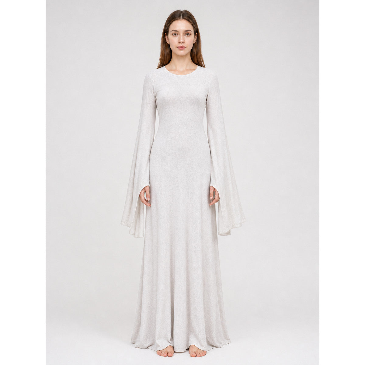 White Boho Maxi Dress with Belt and Flared Sleeves
