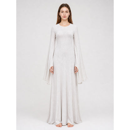 White Boho Maxi Dress with Belt and Flared Sleeves