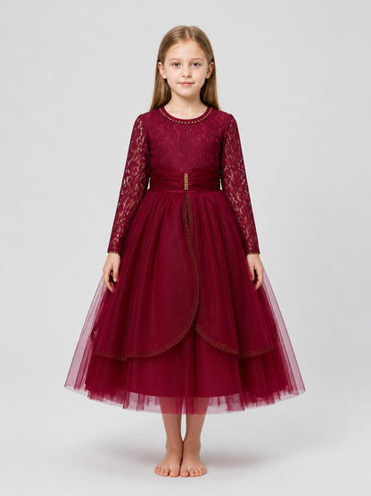 Girls' Burgundy Lace Dress with a Full Skirt on-model view