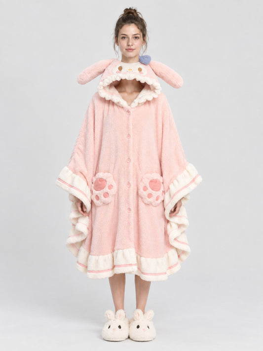 Pink Coral Fleece Hooded Robe with Ears