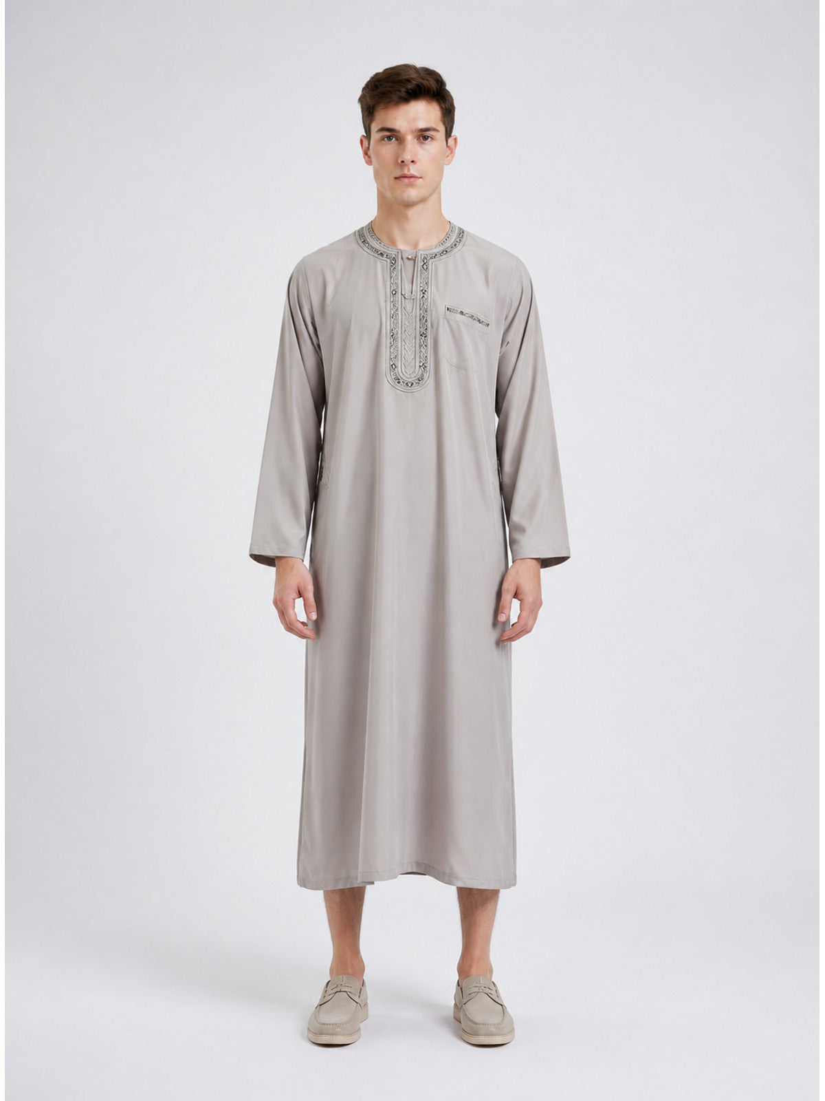 Modest Traditional Long Embroidered Robe, Loose Full-Length Design, Long Sleeves, Collarless Round Neck, Religious and Cultural Wear