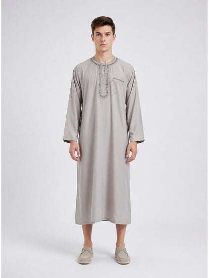 Modest Traditional Long Embroidered Robe, Loose Full-Length Design, Long Sleeves, Collarless Round Neck, Religious and Cultural Wear