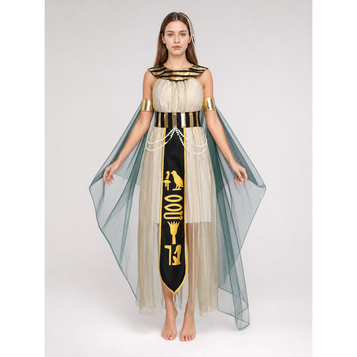 Women’s Egyptian Pharaoh Queen Halloween Cosplay Dress Set with Headpiece, Belt, Arm Accessories and Draped Sleeves for Stage Performance
