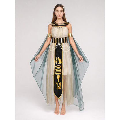 Women’s Egyptian Pharaoh Queen Halloween Cosplay Dress Set with Headpiece, Belt, Arm Accessories and Draped Sleeves for Stage Performance