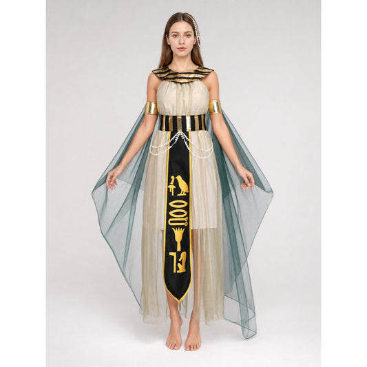 Women’s Egyptian Pharaoh Queen Halloween Cosplay Dress Set with Headpiece, Belt, Arm Accessories and Draped on-model view