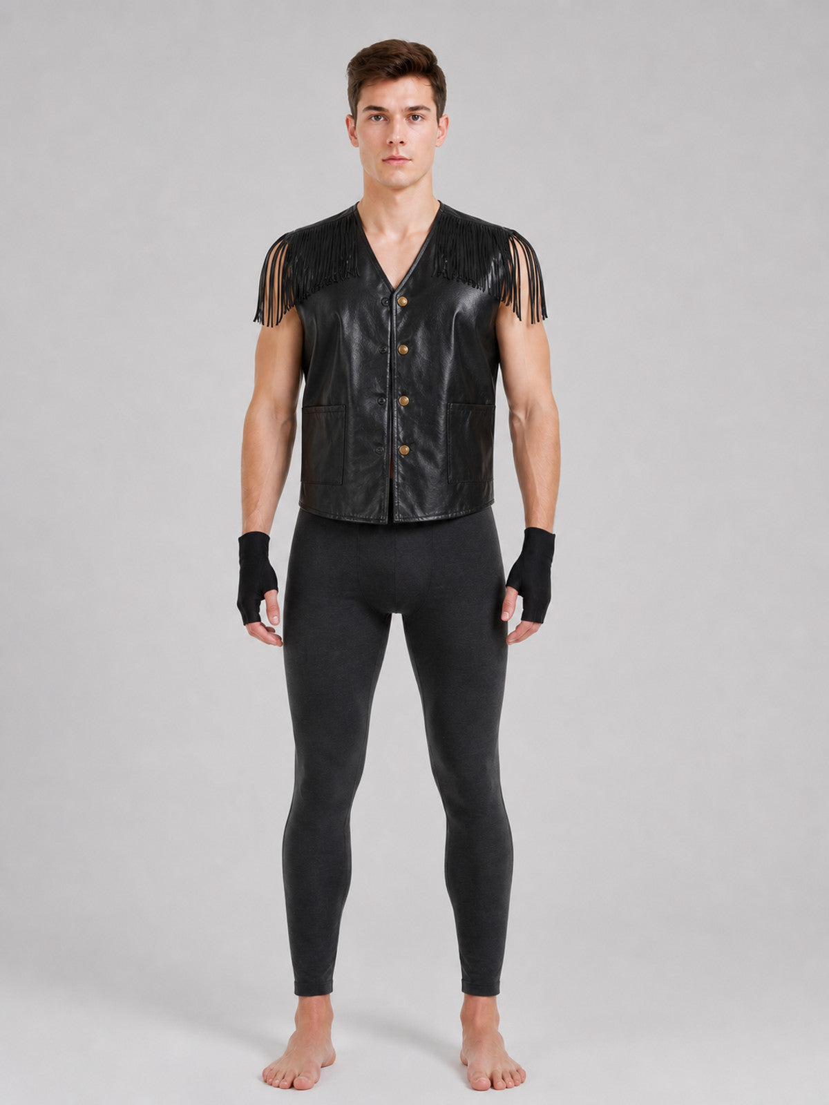 Black Fringed Vest, Rock Style, Costume Look on-model view