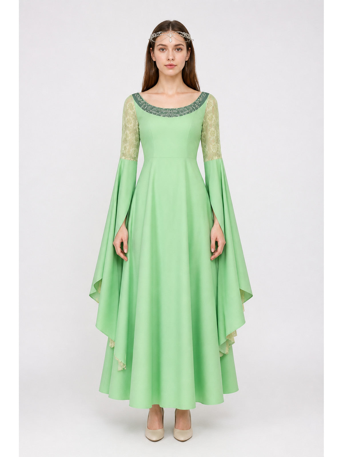 Arwen Cosplay Dress with Layered Flared Sleeves and Crown main product view