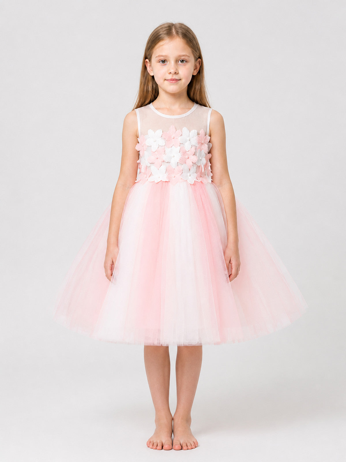 Pink and White Tulle Tutu Dress for Girls with Flowers