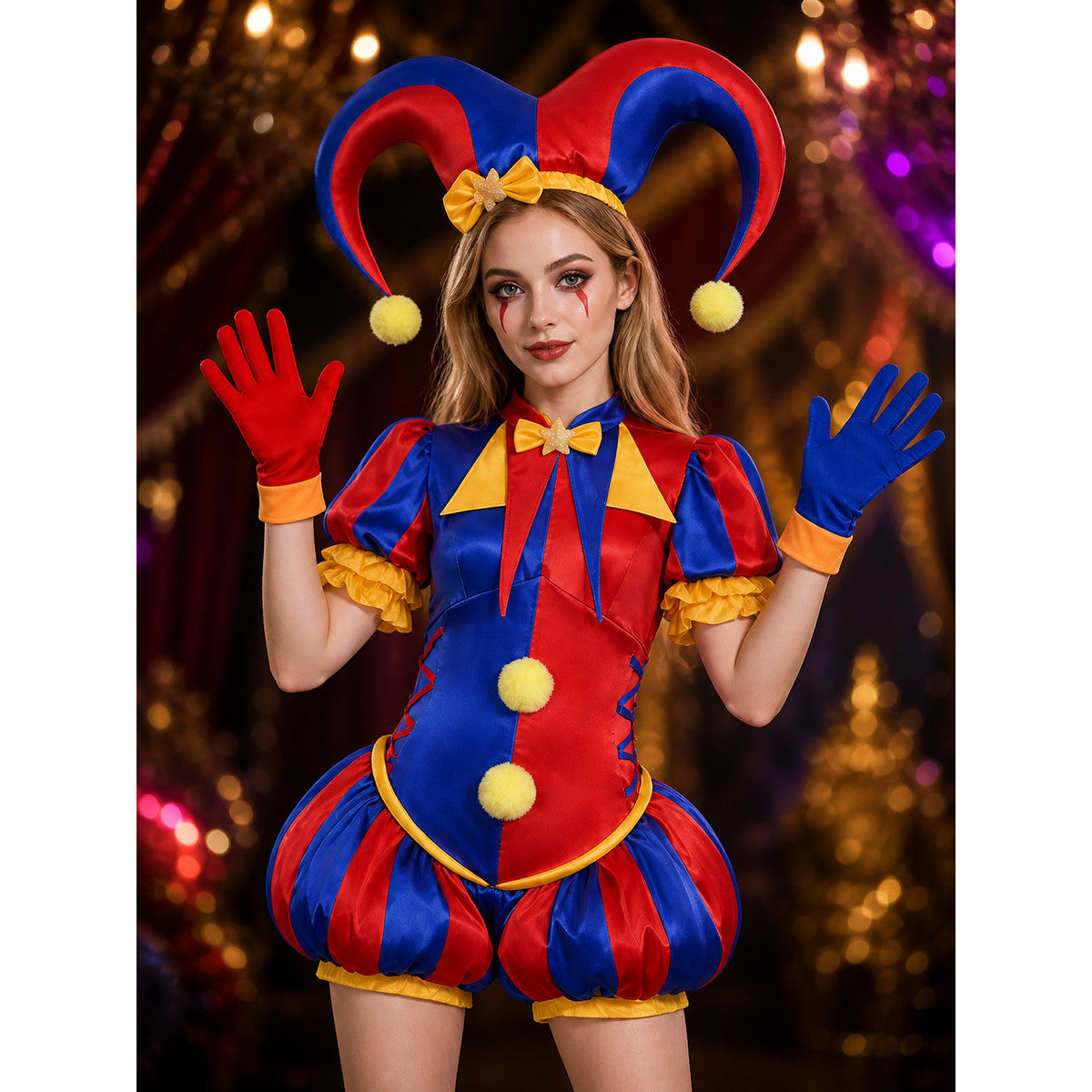 Pomni Clown Jumpsuit Costume, Puffy Sleeve with Hat, Gloves & Booties, Red Blue on-model view