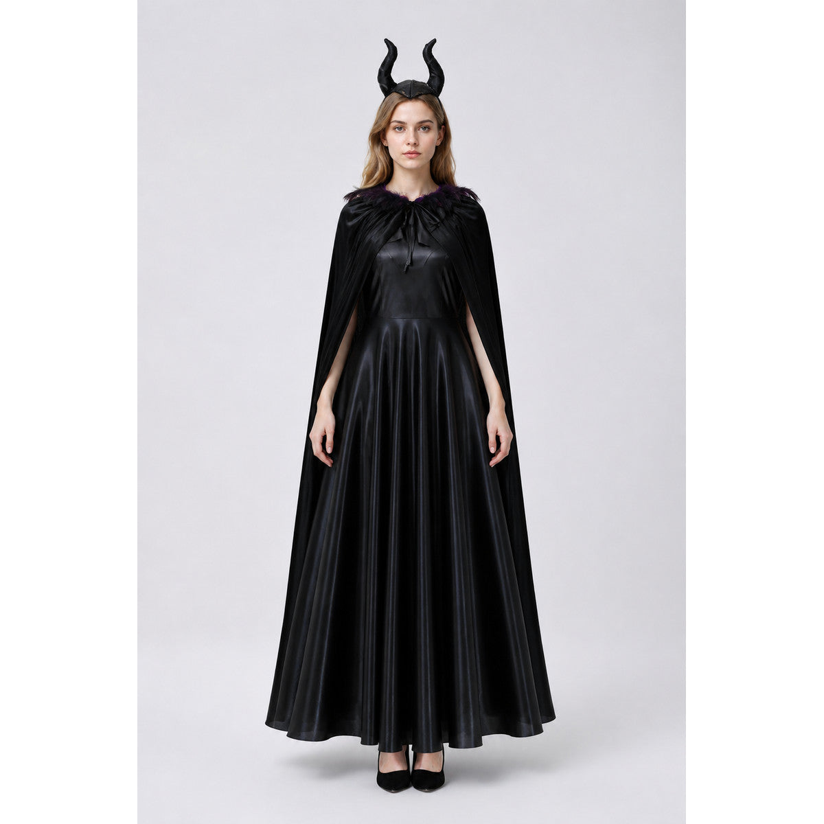 Black Witch Costume with Long Dress and Cape main product view