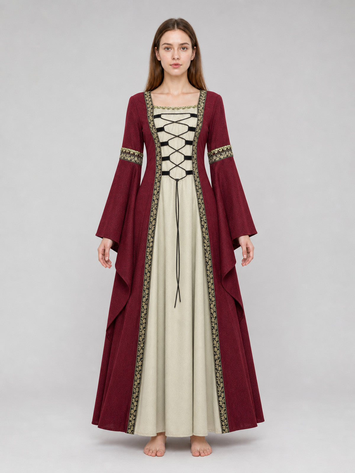 Long Medieval Dress with Flared Sleeves front view