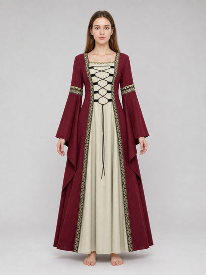 Long Medieval Dress with Flared Sleeves front view