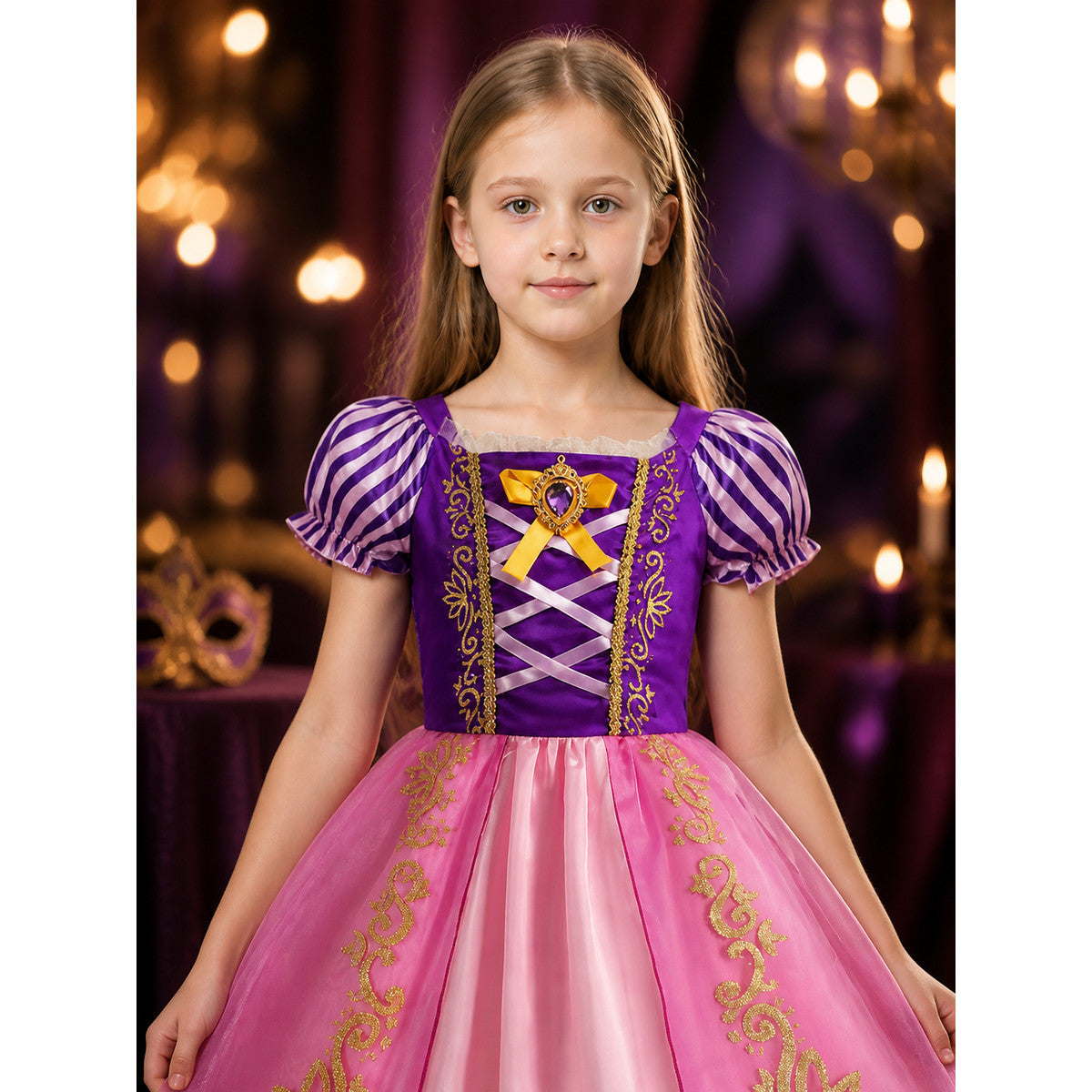 Girls Princess Costume Dress With Purple Bodice And Puffy Pink Skirt - Halloween on-model view