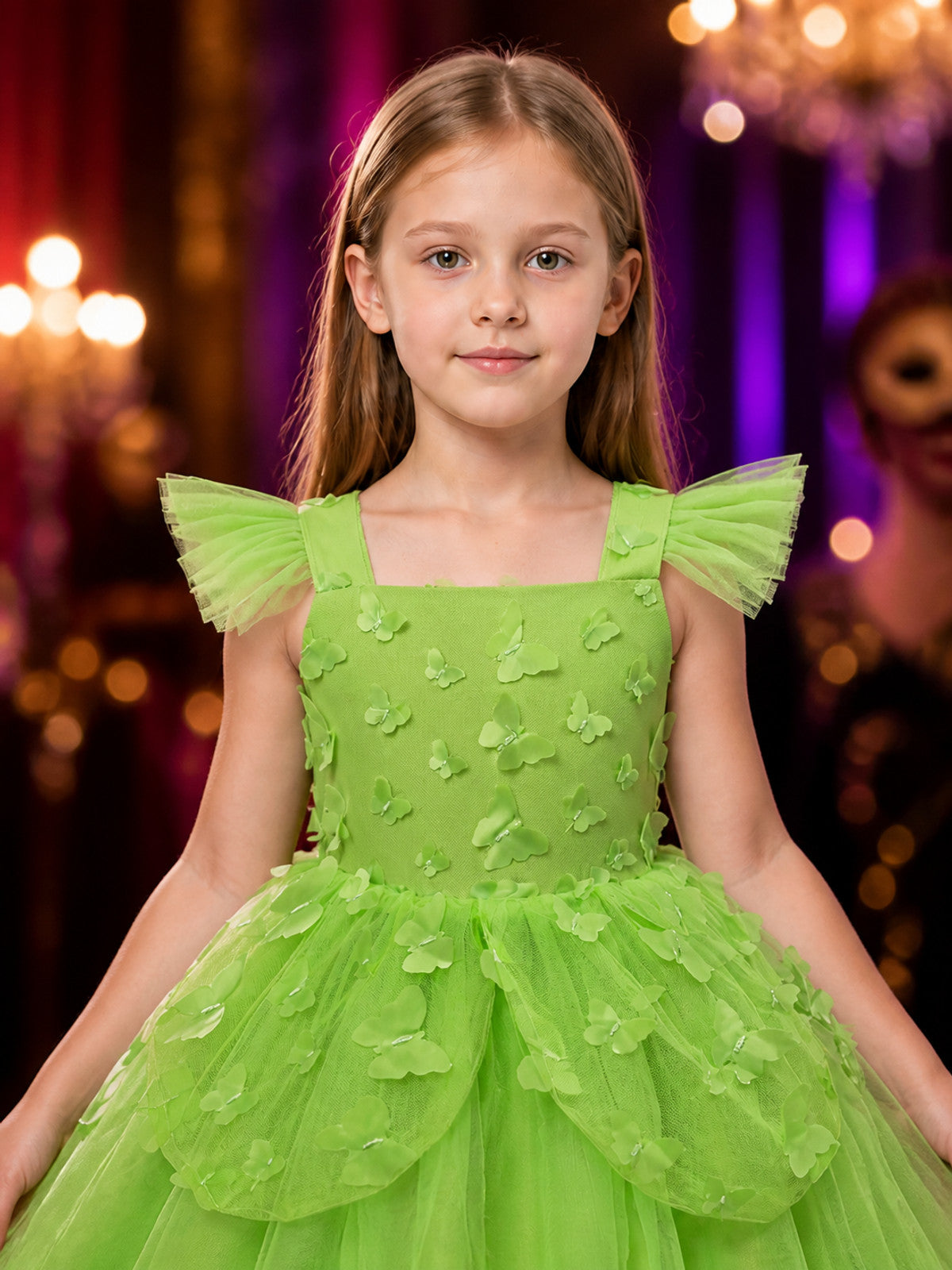 Girls' Green Butterfly Princess Cosplay Dress, Tulle Ball Gown on-model view