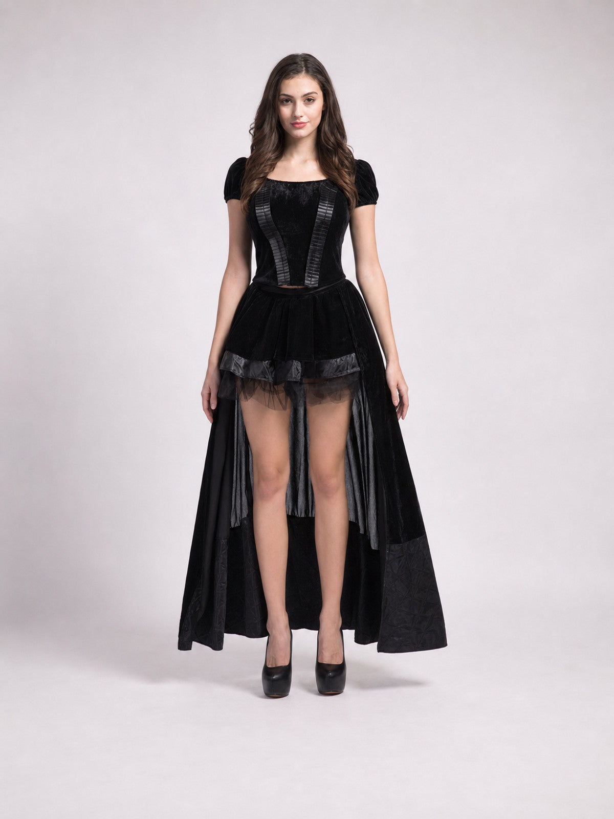 Gothic-Style Cosplay Dress with Train front view