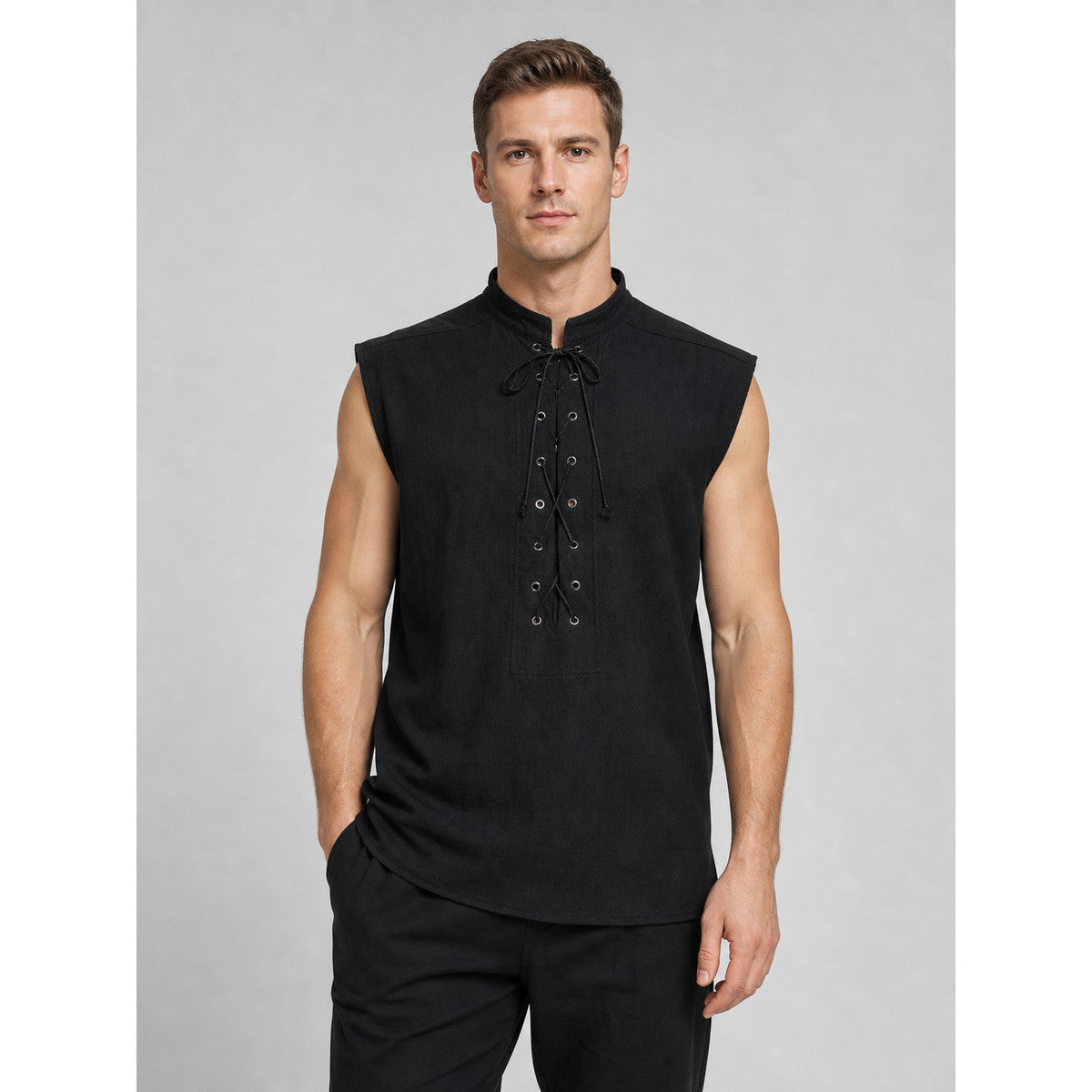 Gothic Lace-Up Vest with Stand Collar on-model view