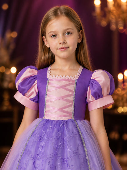 Girls' Princess Dress Costume, Embroidered Lace Organza Gown with Puff Sleeves on-model view