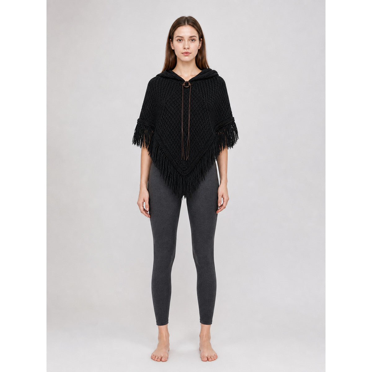 Triangular Hooded Poncho Cape with Belt