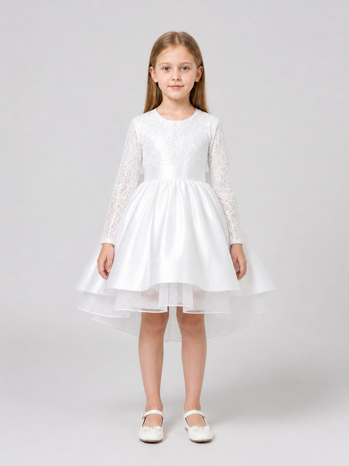 White Sequin Princess Dress for Girls with Long Sleeves on-model view