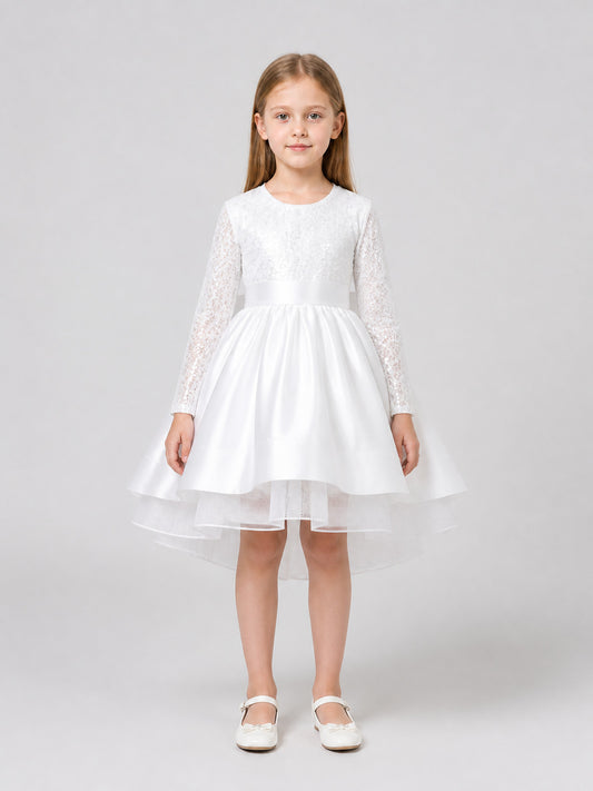 White Sequin Princess Dress for Girls with Long Sleeves on-model view