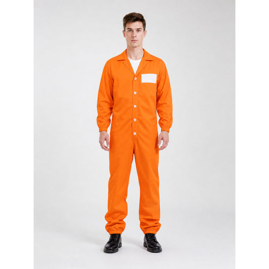 Adult Orange Prisoner-Style Costume Jumpsuit, Long Sleeve One-Piece Uniform with Pointed Collar, Front Buttons and Chest Patch for Costume Parties