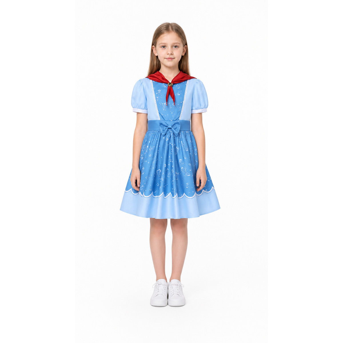 Blue Short-Sleeve Dress with Red Scarf and Bow main product view