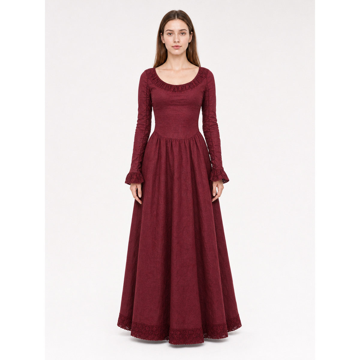 Vintage Burgundy Maxi Dress with Long Sleeves front view